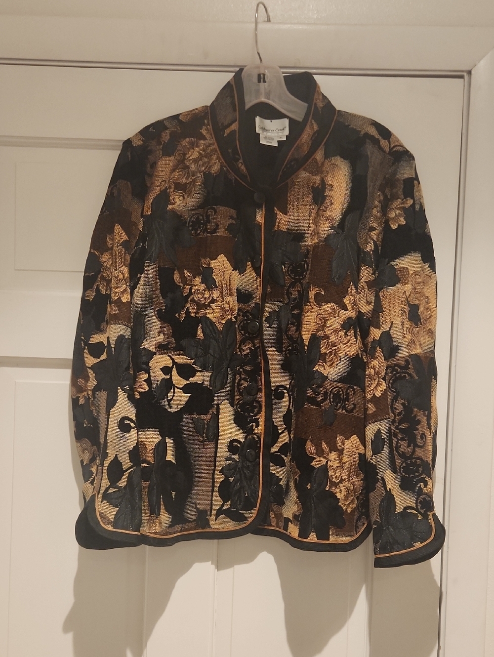 Coldwater Creek Timeless Reversible Black and Gold Floral Brocade Jacket